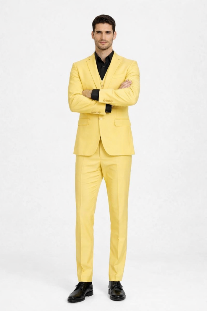 Men's Yellow 3-piece Suit With Black Dress Shirt Modern Slim Fit Formal Attire Usa Outlet 34 Short or Extra Small
