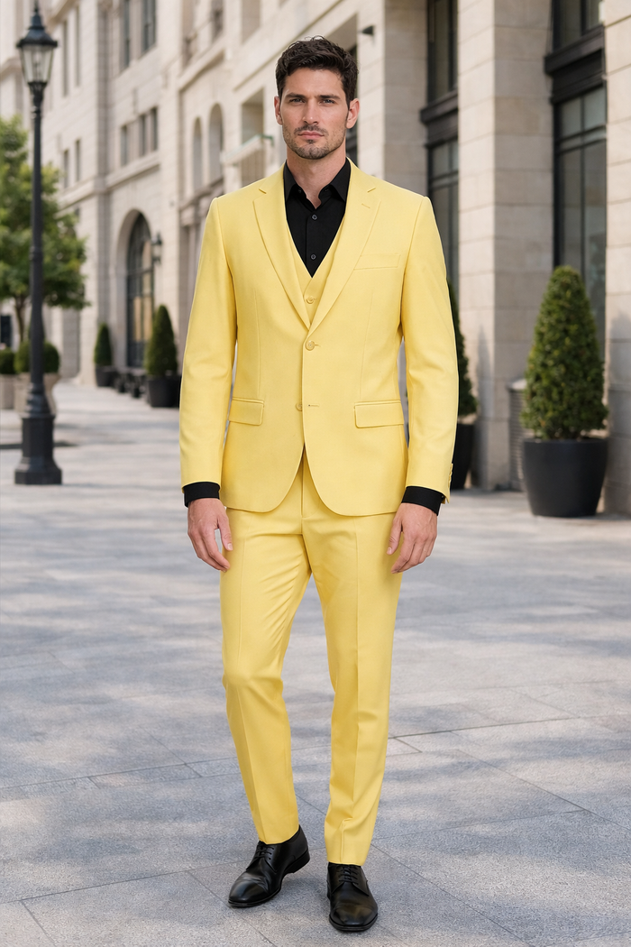 Men's Yellow 3-Piece Suit with Black Dress Shirt - Modern Slim Fit Formal Attire by USA Men's Outlet