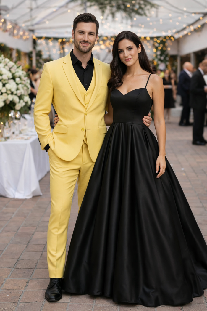Men's Yellow 3-Piece Suit with Black Dress Shirt - Modern Slim Fit Formal Attire by USA Men's Outlet