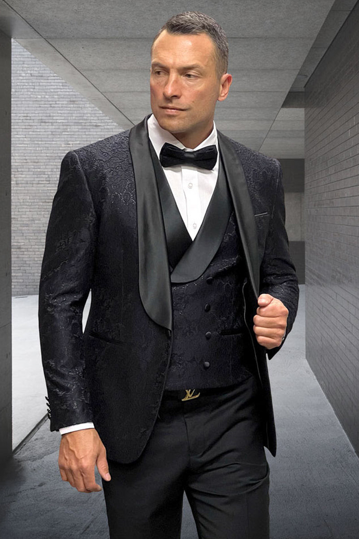 Luxury Men's Designer Wedding Tuxedo – Black Floral Lace 3-Piece Set