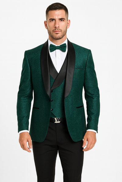Men's Designer Vested Floral Lace Wedding Tuxedo in Hunter Green