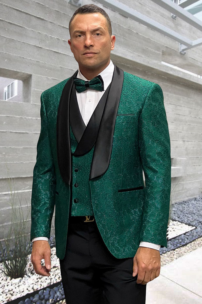 Men's Designer Vested Floral Lace Wedding Tuxedo in Hunter Green