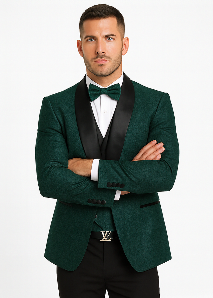 Men's Designer Vested Floral Lace Wedding Tuxedo in Hunter Green
