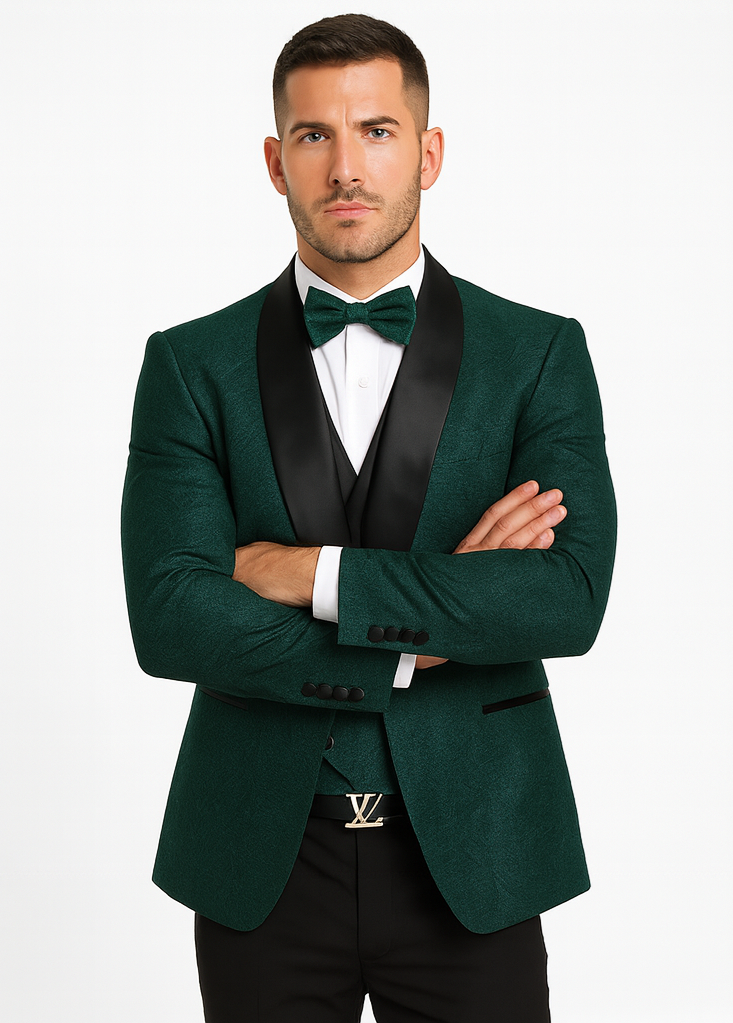 Men's Designer Vested Floral Lace Wedding Tuxedo in Hunter Green