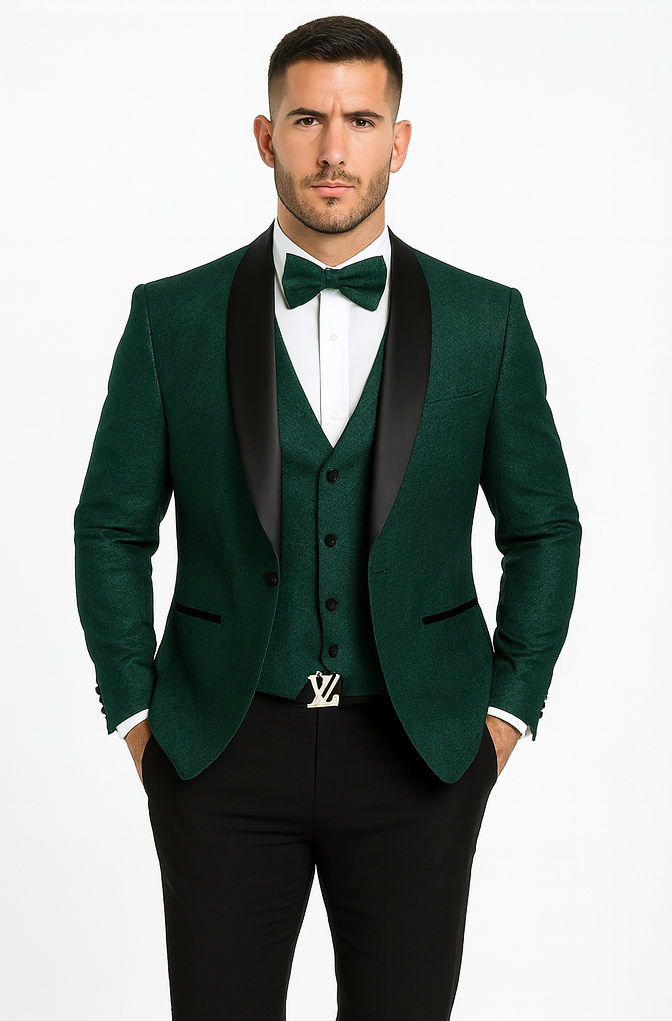 Men's Designer Vested Floral Lace Wedding Tuxedo in Hunter Green