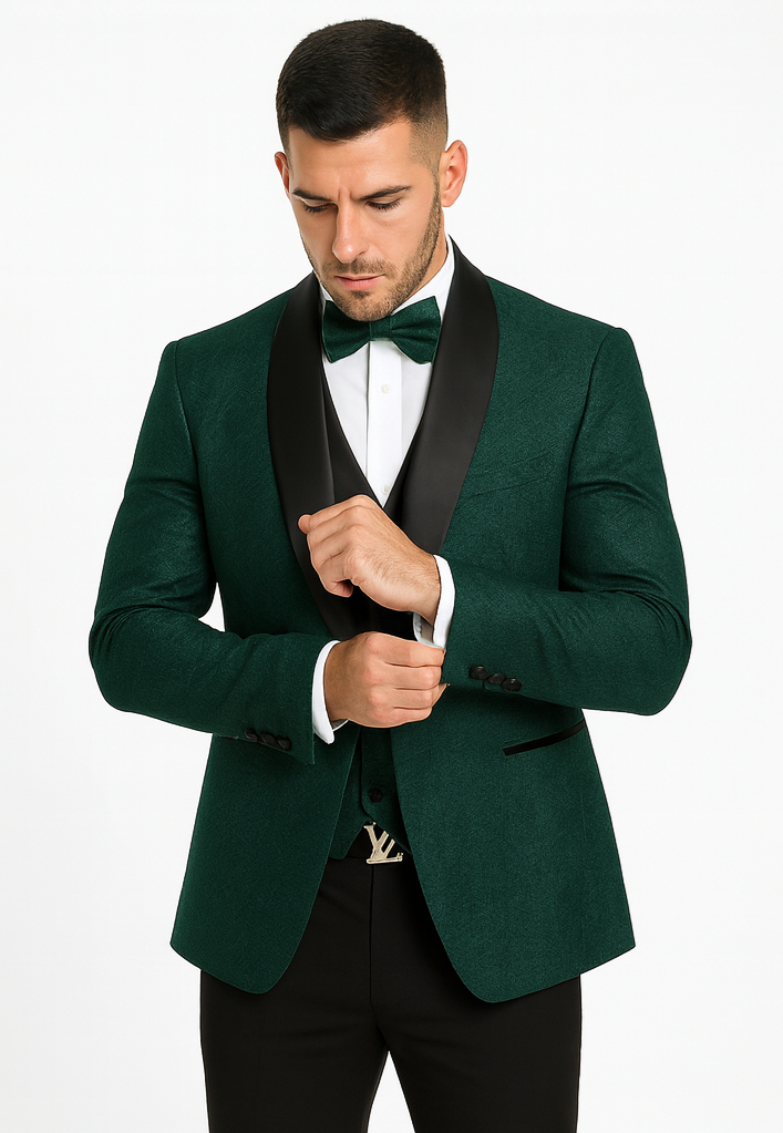 Men's Designer Vested Floral Lace Wedding Tuxedo in Hunter Green