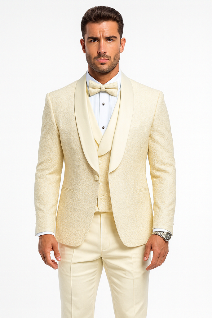Men's Designer Vested Floral Lace Wedding Tuxedo in Ivory