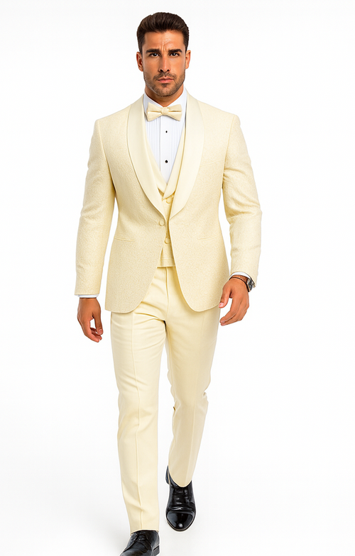 Men's Designer Vested Floral Lace Wedding Tuxedo in Ivory