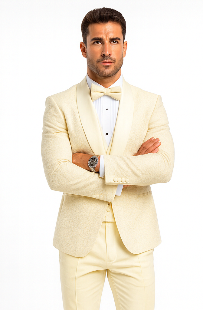Men's Designer Vested Floral Lace Wedding Tuxedo in Ivory