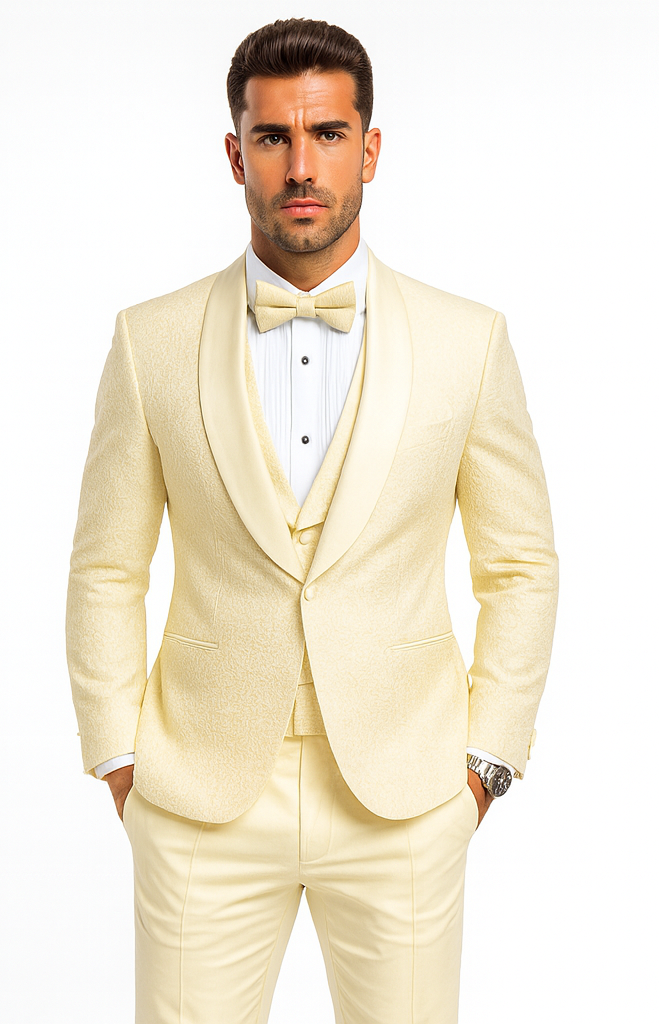 Men's Designer Vested Floral Lace Wedding Tuxedo in Ivory