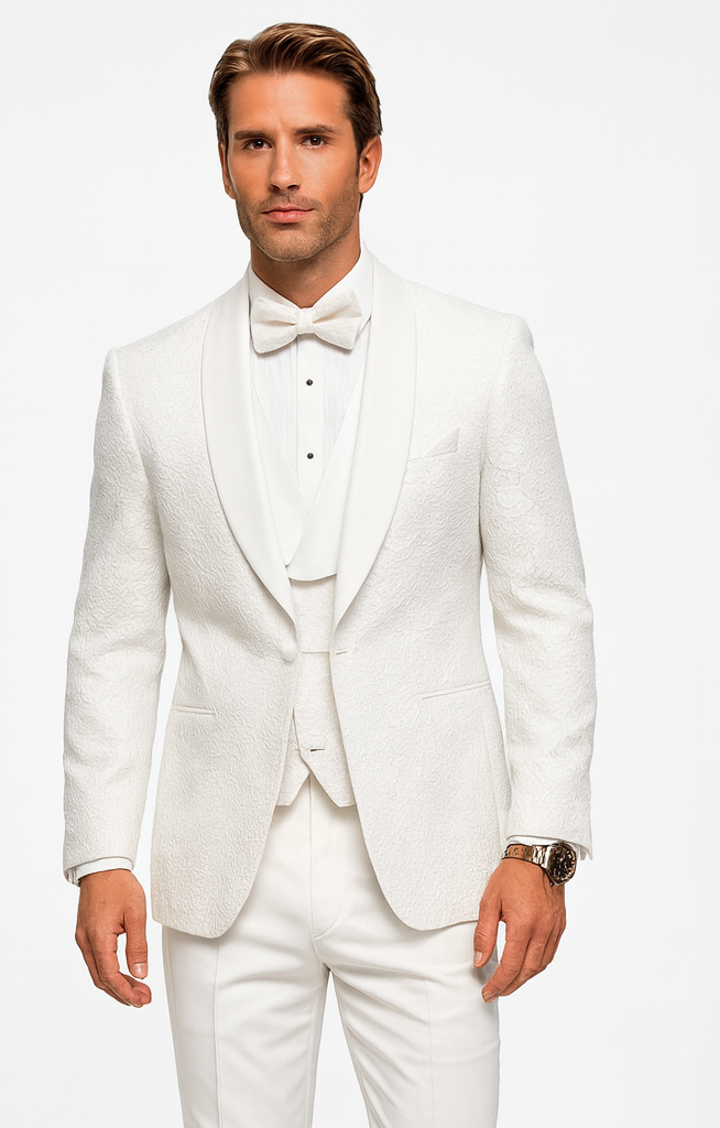 Men's Designer Vested Floral Lace Wedding Tuxedo in White