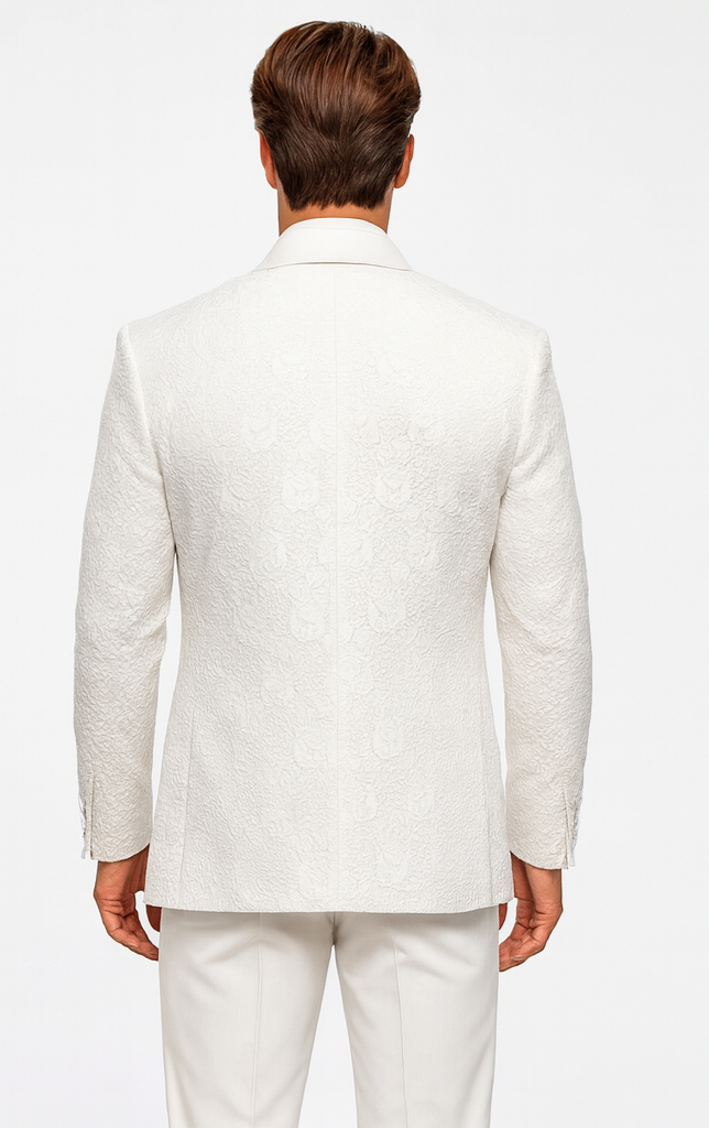 Men's Designer Vested Floral Lace Wedding Tuxedo in White
