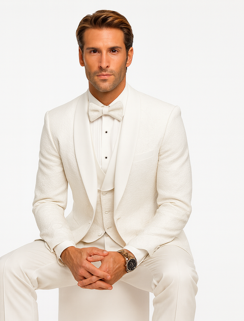 Men's Designer Vested Floral Lace Wedding Tuxedo in White