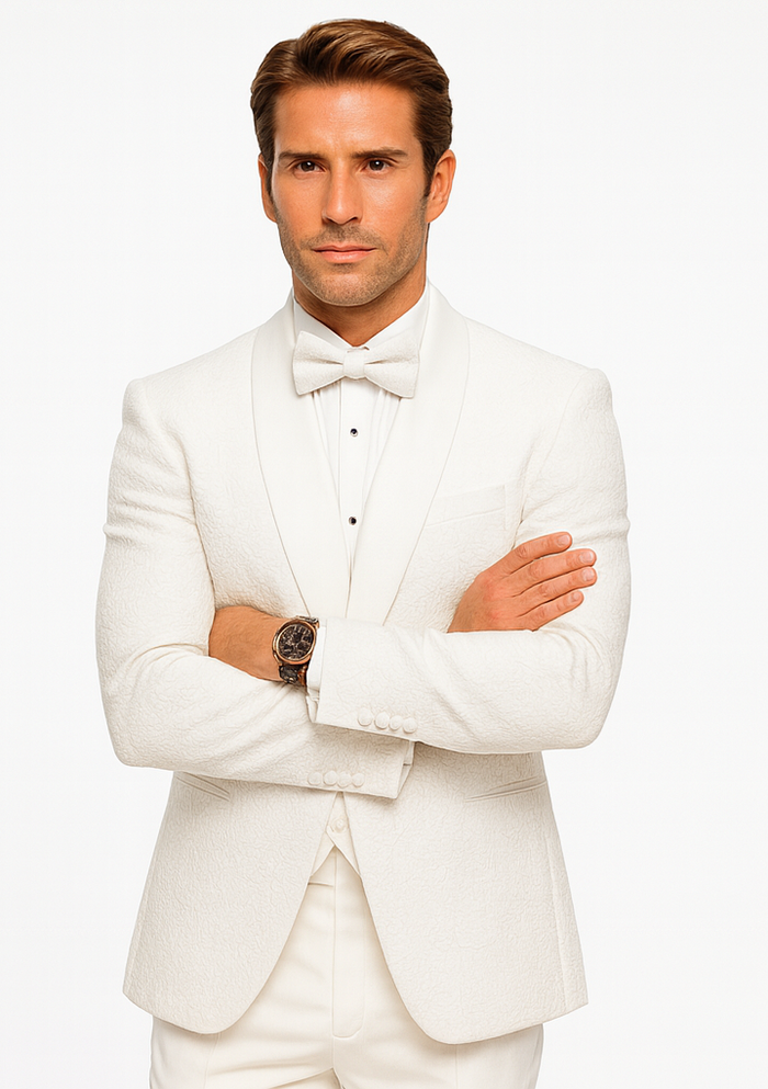 Men's Designer Vested Floral Lace Wedding Tuxedo in White