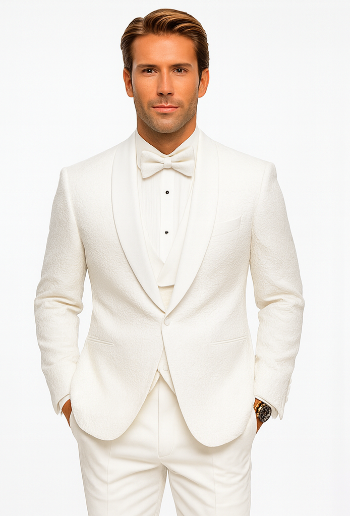 Men's Designer Vested Floral Lace Wedding Tuxedo in White