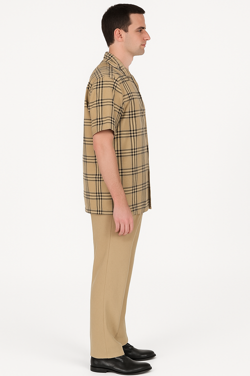 Men’s Beige Plaid Short Sleeve Shirt – Casual Summer Wear
