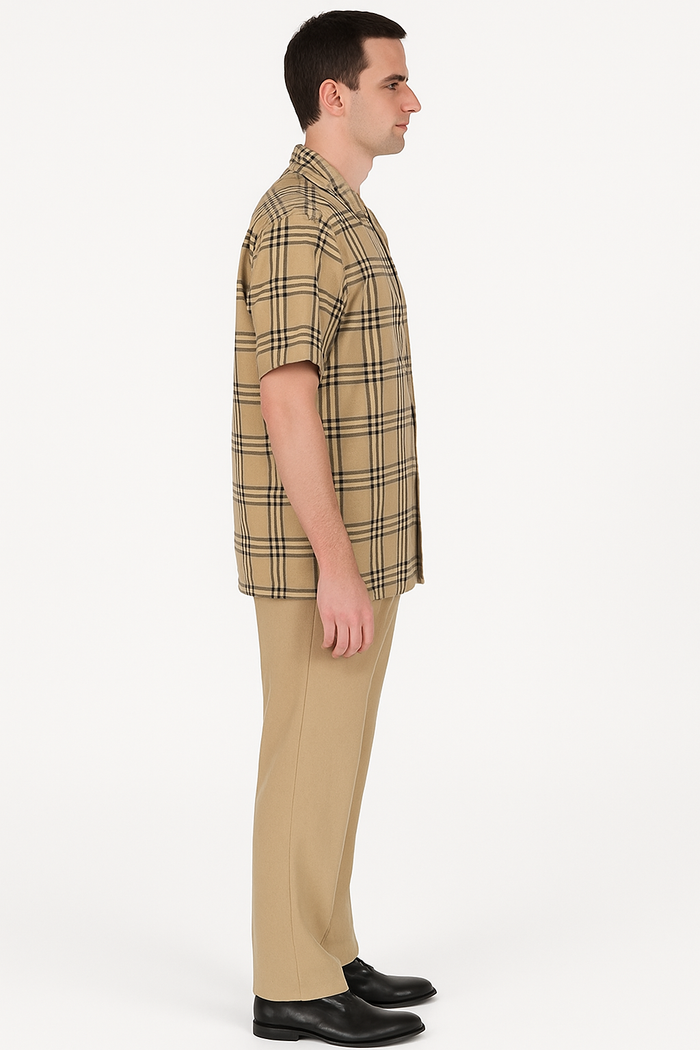Men’s Short Sleeve Beige Plaid Shirt - Classic & Versatile by USA Men's Outlet