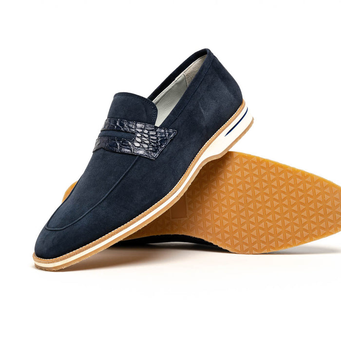 Zelli Meo 3 Suede Penny Loafers with Crocodile Accent in Navy