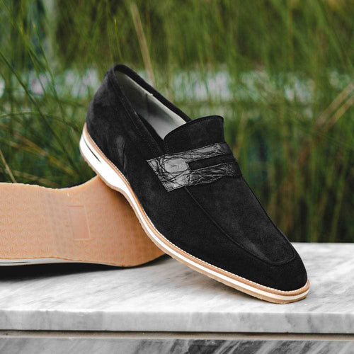 Zelli Meo 3 Suede and Crocodile Penny Loafers in Black