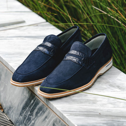 Zelli Meo 3 Suede Penny Loafers with Crocodile Accent in Navy