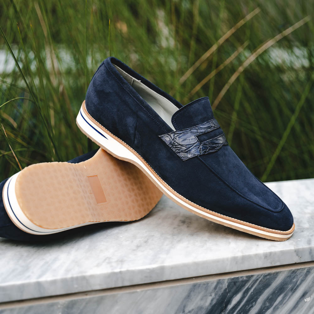 Zelli Meo 3 Suede Penny Loafers with Crocodile Accent in Navy
