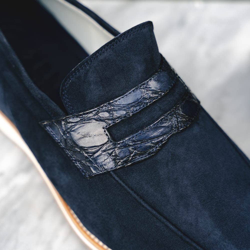 Zelli Meo 3 Suede Penny Loafers with Crocodile Accent in Navy