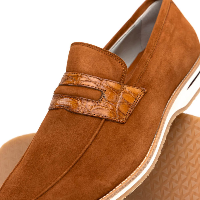 Zelli Meo 3 Contemporary Suede and Crocodile Penny Loafers in Cognac