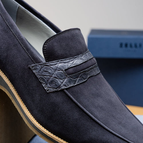 Zelli Meo 3 Suede Loafers with Genuine Crocodile Accent in Grey