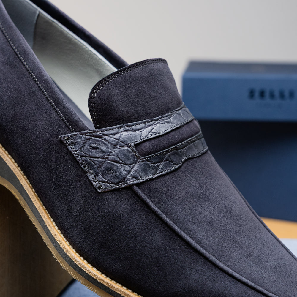 Zelli Meo 3 Suede Loafers with Genuine Crocodile Accent in Grey