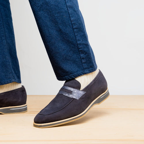 Zelli Meo 3 Suede Loafers with Genuine Crocodile Accent in Grey