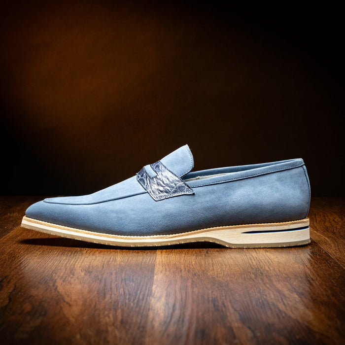 Zelli Meo 3 Suede and Genuine Crocodile Penny Loafers in Water Blue