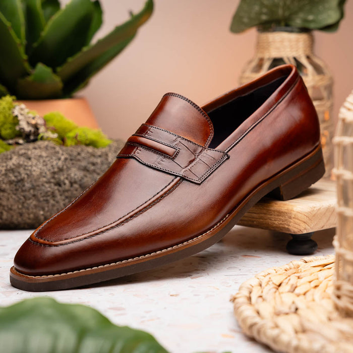 Zelli Meo Hand Burnished Calfskin Penny Loafers in Cognac