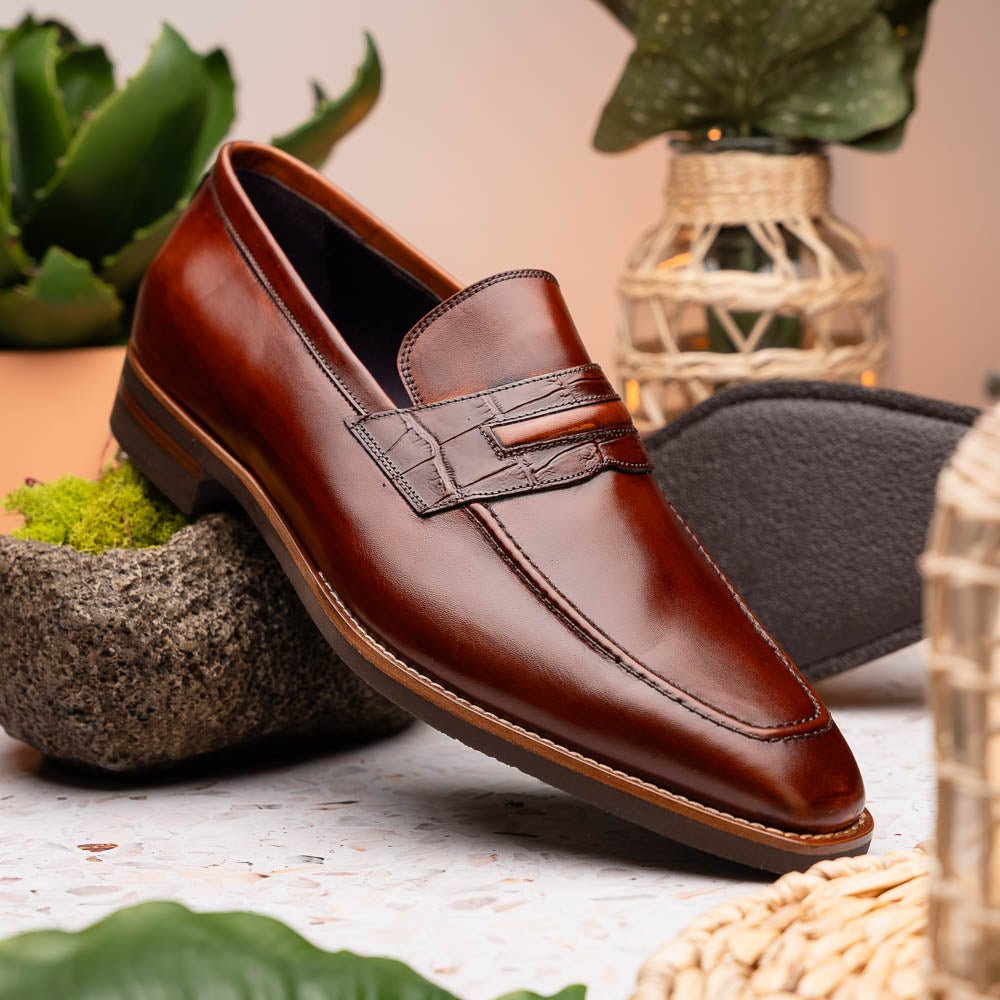 Zelli Meo Hand Burnished Calfskin Penny Loafers in Cognac