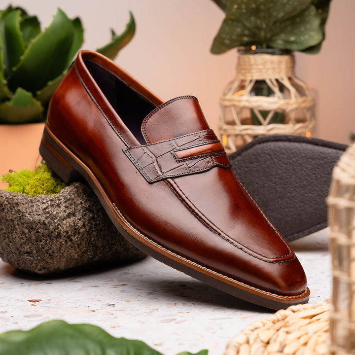 Zelli Meo Hand Burnished Calfskin Penny Loafers in Cognac