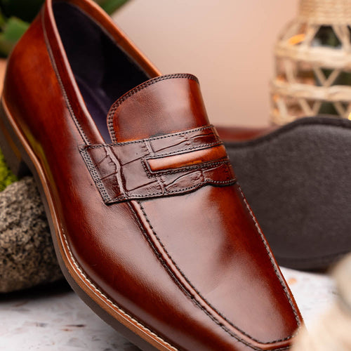 Zelli Meo Hand Burnished Calfskin Penny Loafers in Cognac