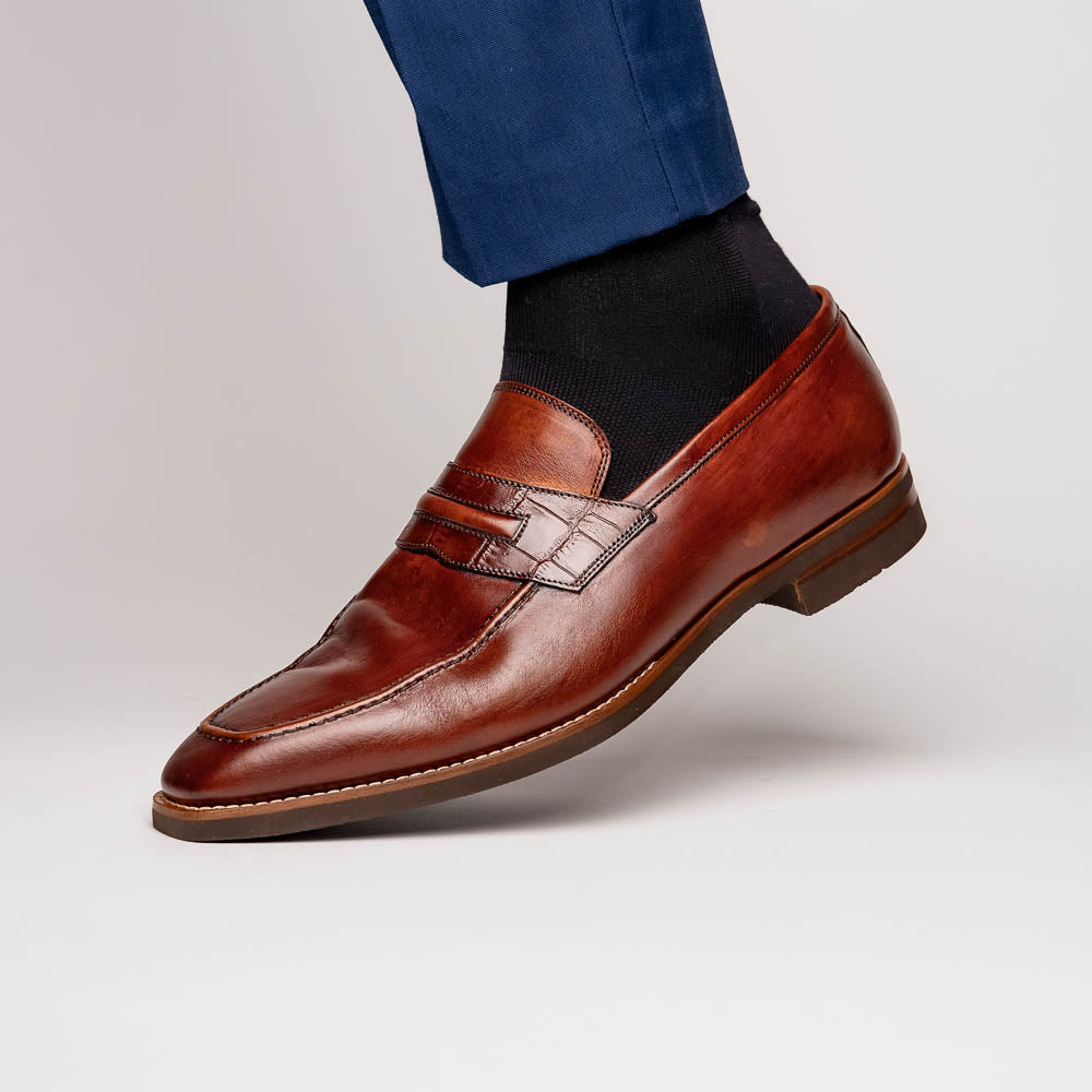 Zelli Meo Hand Burnished Calfskin Penny Loafers in Cognac