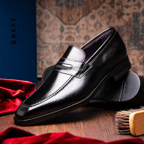 Zelli Meo Hand-Burnished Calfskin Loafers with Embossed Vamp in Black