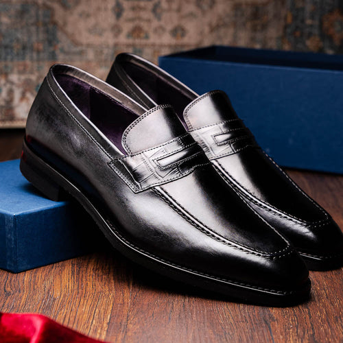 Zelli Meo Hand-Burnished Calfskin Loafers with Embossed Vamp in Black