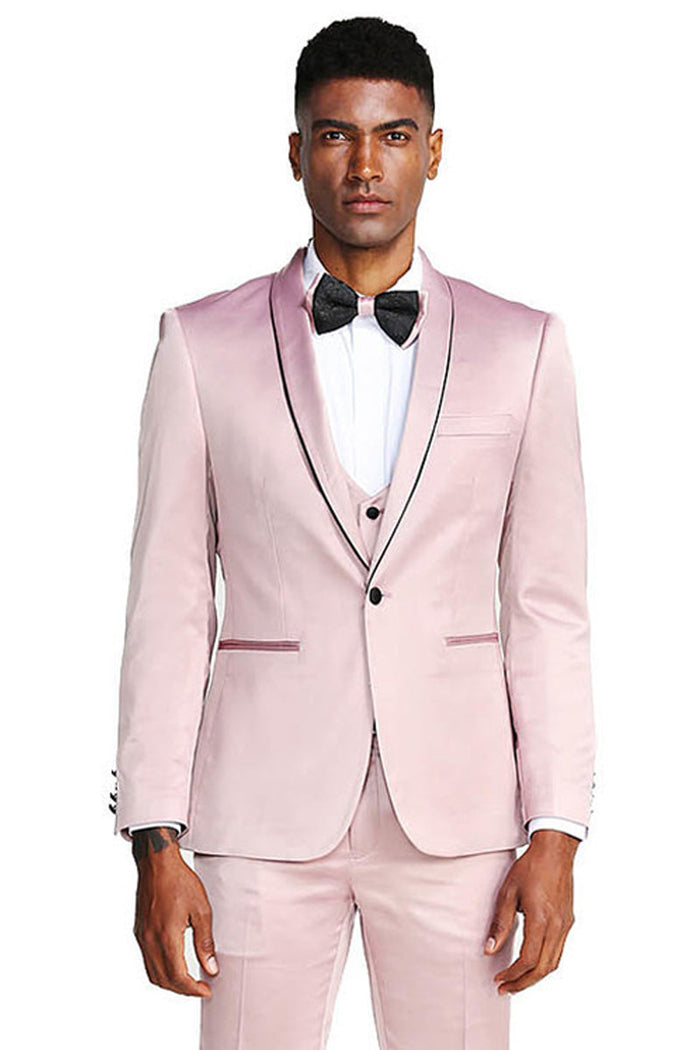 Rose Pink Men's Slim Fit Satin Tuxedo Suit - Vested Prom & Wedding Wear by Tazzio