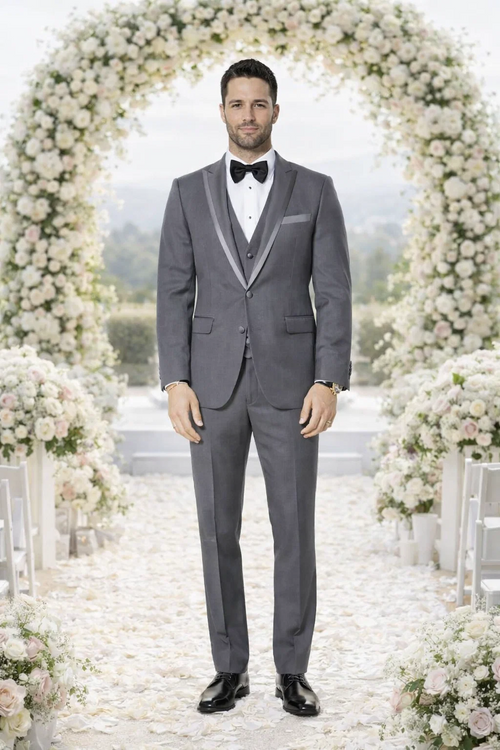 Mid Grey Textured Tuxedo Three Piece Set with Satin Trim - Wedding - Prom