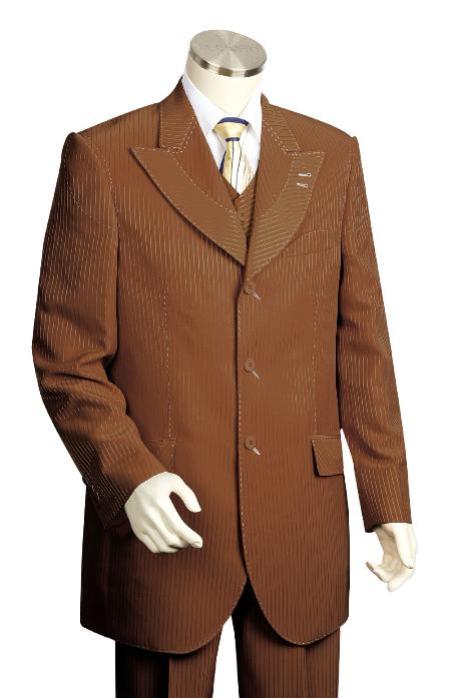 Minute Brown Pinstripe Pattern ~ Poly Rayon Blend Men’s 3 Piece Vested Brown Unique Exclusive Fashion Suit by Menssuitsatlantain