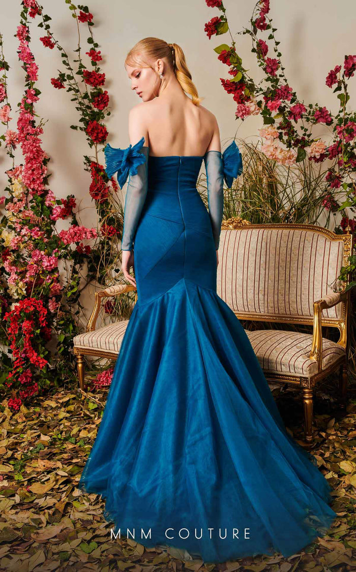 MNM Couture N0486 Black Strapless Mermaid Evening Gown with Sheer Sleeves