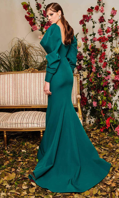 Emerald Green Puffy Sleeve Mermaid Gown by MNM Couture