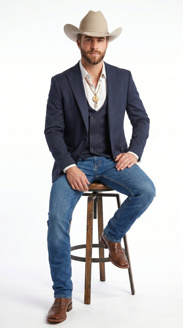 Men’s Navy Western Suit Blazer with Double Breasted Vest, Modern Cowboy Formal Outfit