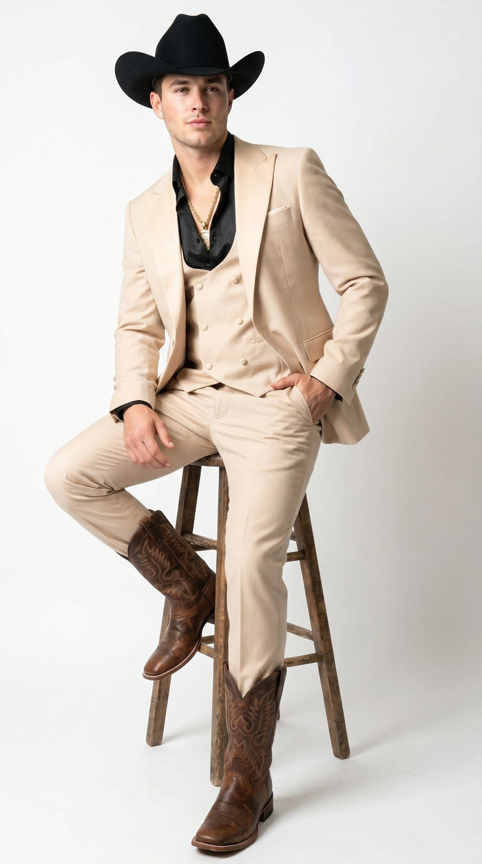 Men’s Light Beige Western 3 Piece Suit with Shawl Lapel, Cowboy Tuxedo Formal Outfit