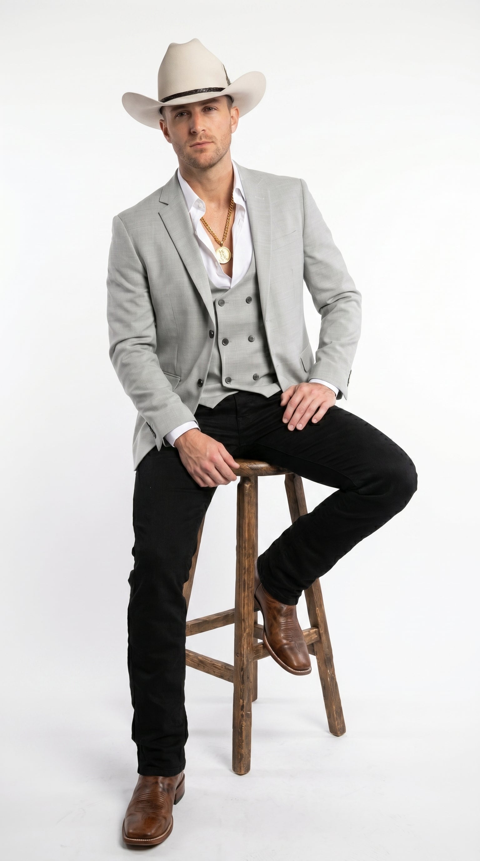 Men’s Light Gray Western Suit Blazer with Double Breasted Vest, Modern Cowboy Formal Outfit