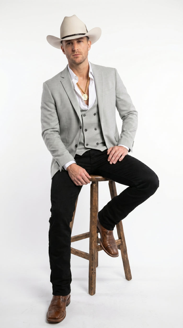 Men’s Light Gray Western Suit Blazer with Double Breasted Vest, Modern Cowboy Formal Outfit