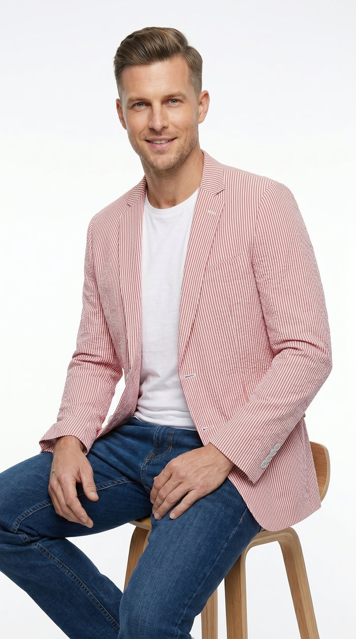 Men’s Red Brick Seersucker 2 Button Blazer, Lightweight Summer Sport Coat for Dress Casual Wear