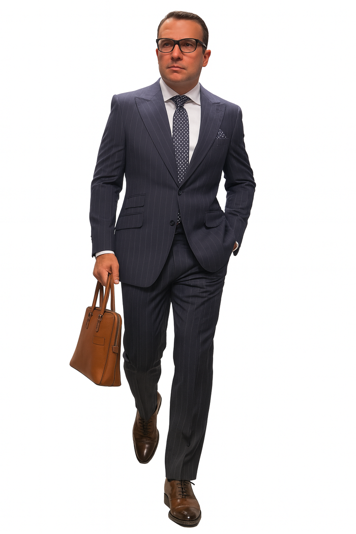 Statement Suits - Wool Suits - Peak Lapel Suits - Ticket Pocket - Modern Fit - Charcoal Stripe Suit by Men's Tuxedo USA