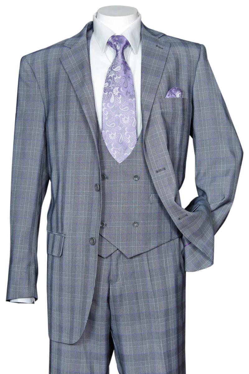 Modern Fit Grey Plaid Windowpane Suit with Double Breasted Scoop Vest by Fortino Landi - USA Men's Outlet – SuitUSA